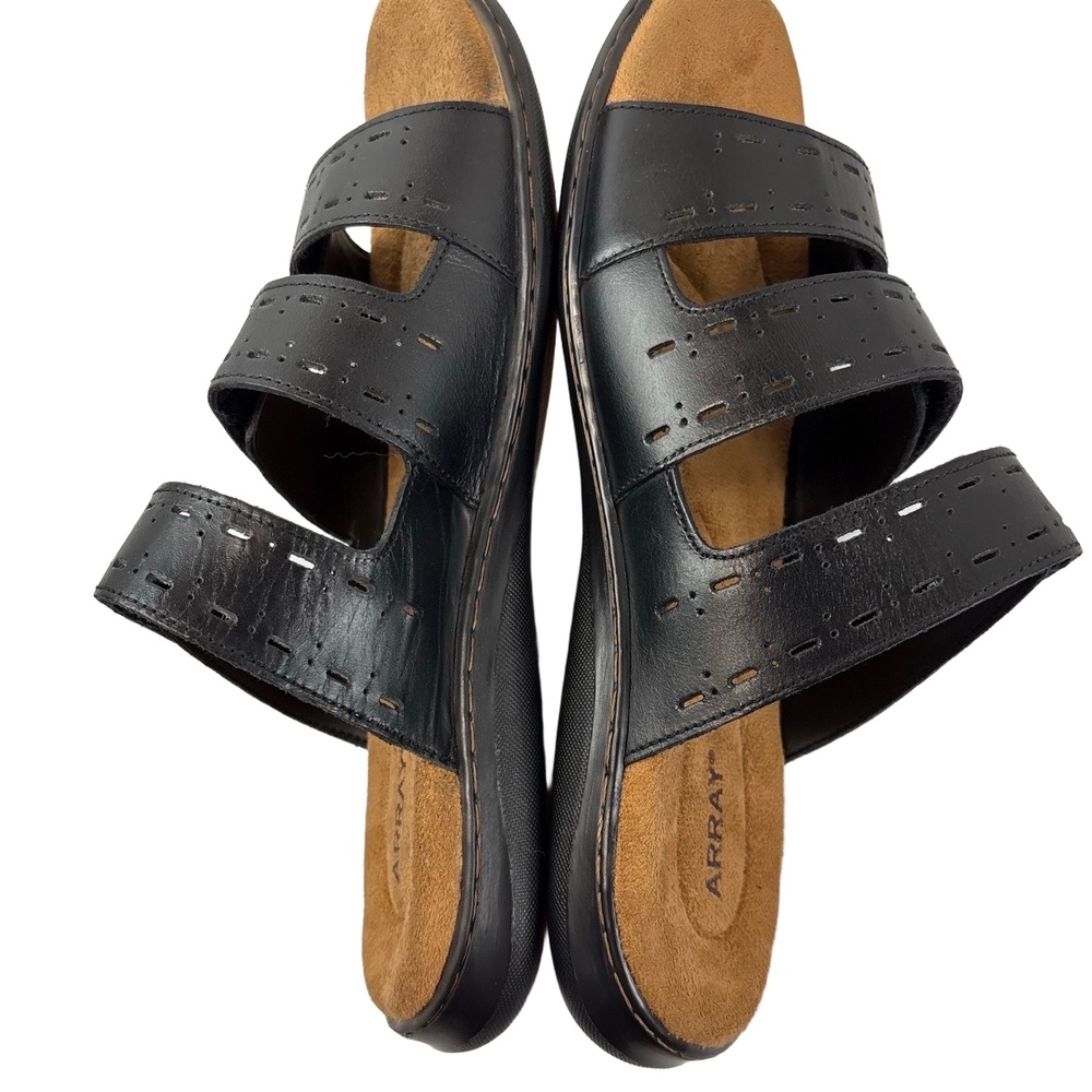 ARRAY Boardwalk Womens 9.5M Black Leather Slide Sandals Adjustable Memory Foam - Picture 3 of 9